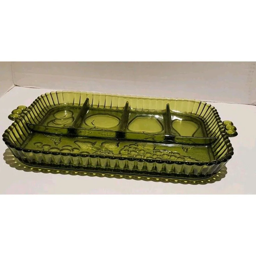 Green Indiana Glass Divided Serving Rectangular Tray 5 Compartments Fruits Vtg